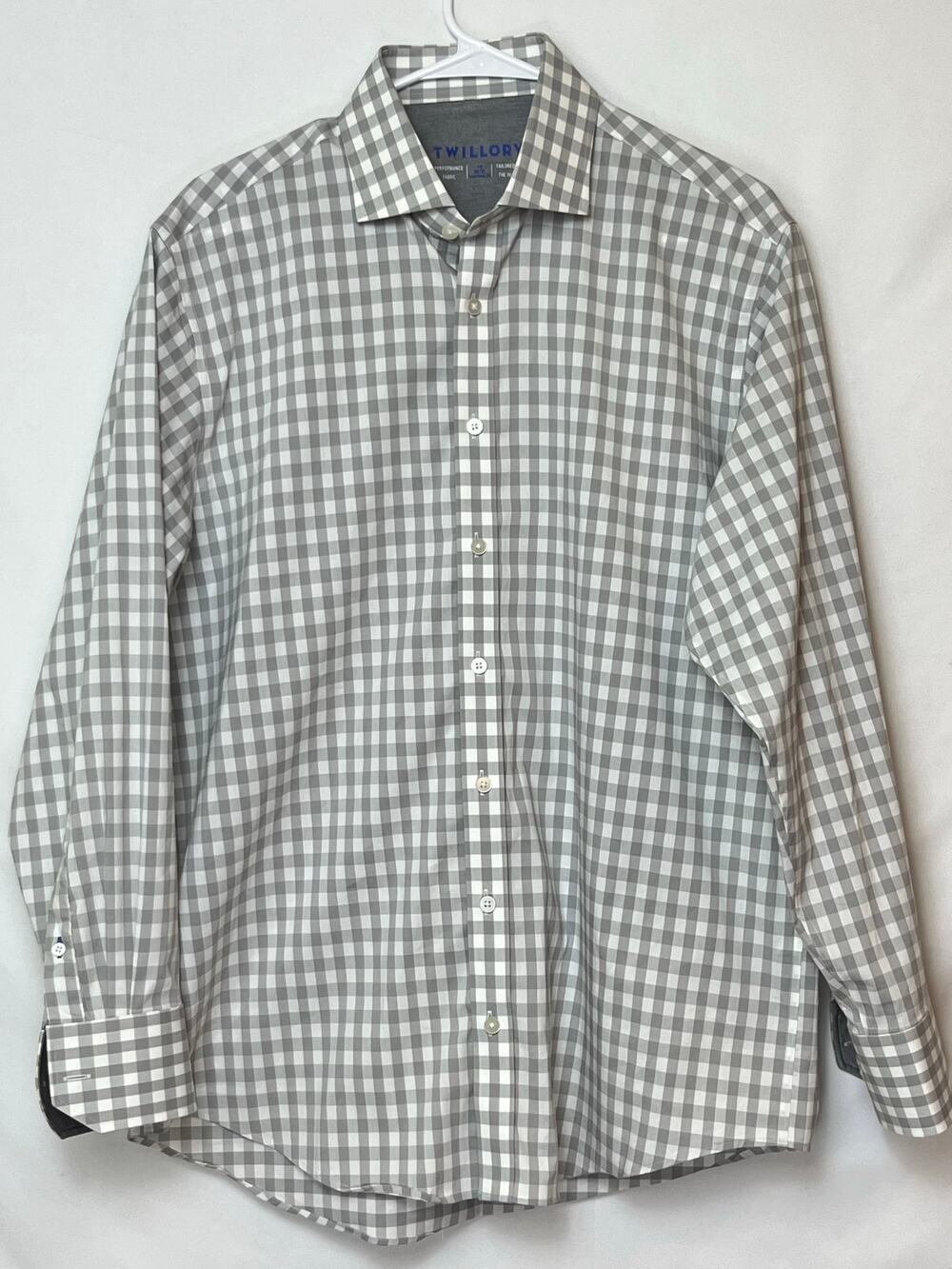 Twillory Men's 16 Gray White Checked Long Sleeve Button Up Dress Shirt Casual